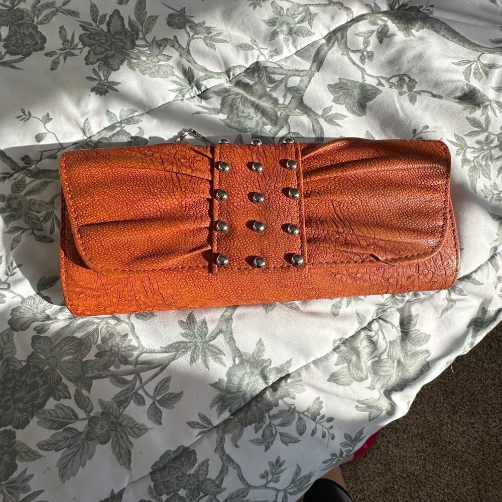 Bijoux Terner Orange Handbag Purse with Silver Chain Strap, Pearls, Bow Design